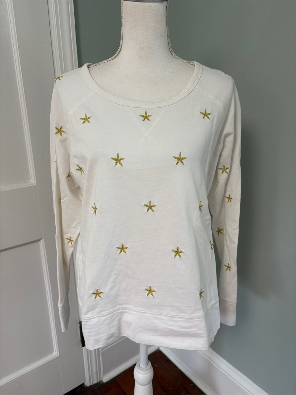 Caribbean Joe Cream Long Sleeve Sweatshirt with Gold Sea Star Embroidery Large